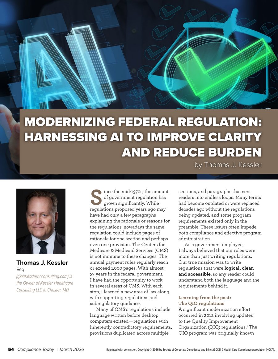 Opening page of the article as published in Compliance Today, March 2026